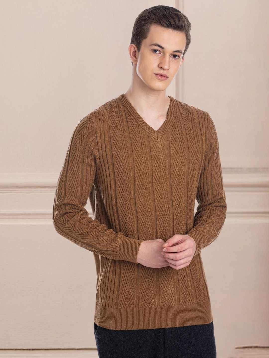 

AXMANN Cable Knit V-Neck Long Sleeves Woollen Pullover Sweater, Brown