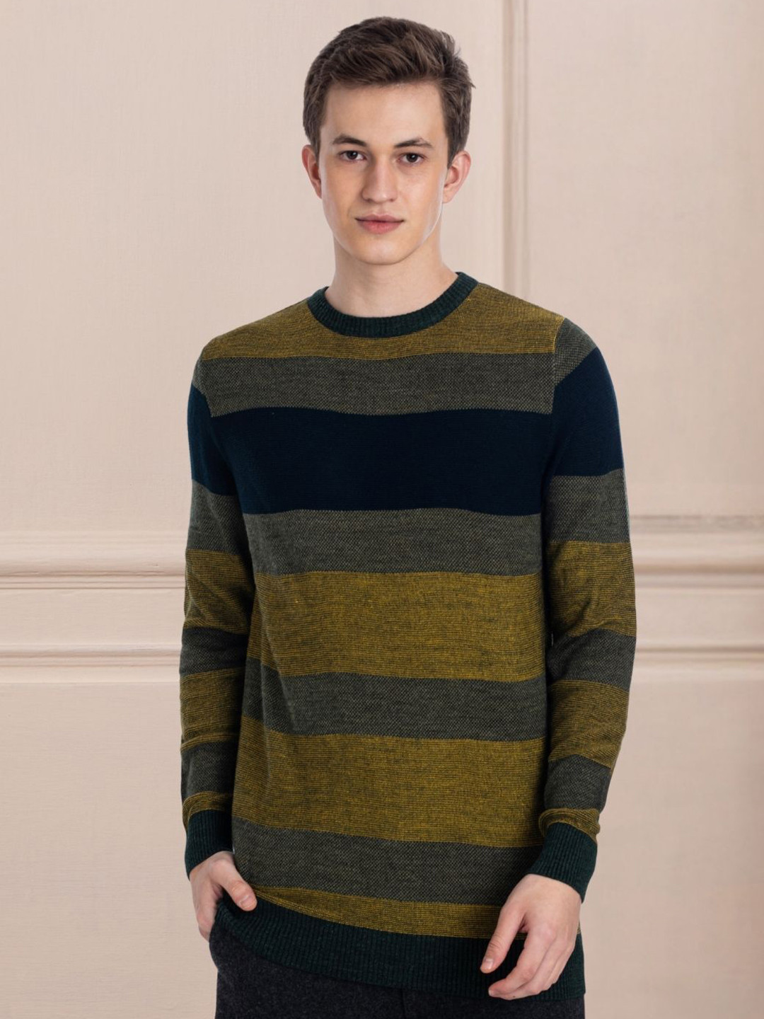 

AXMANN Striped Colourblocked Round Neck Long Sleeves Woollen Pullover Sweater, Olive