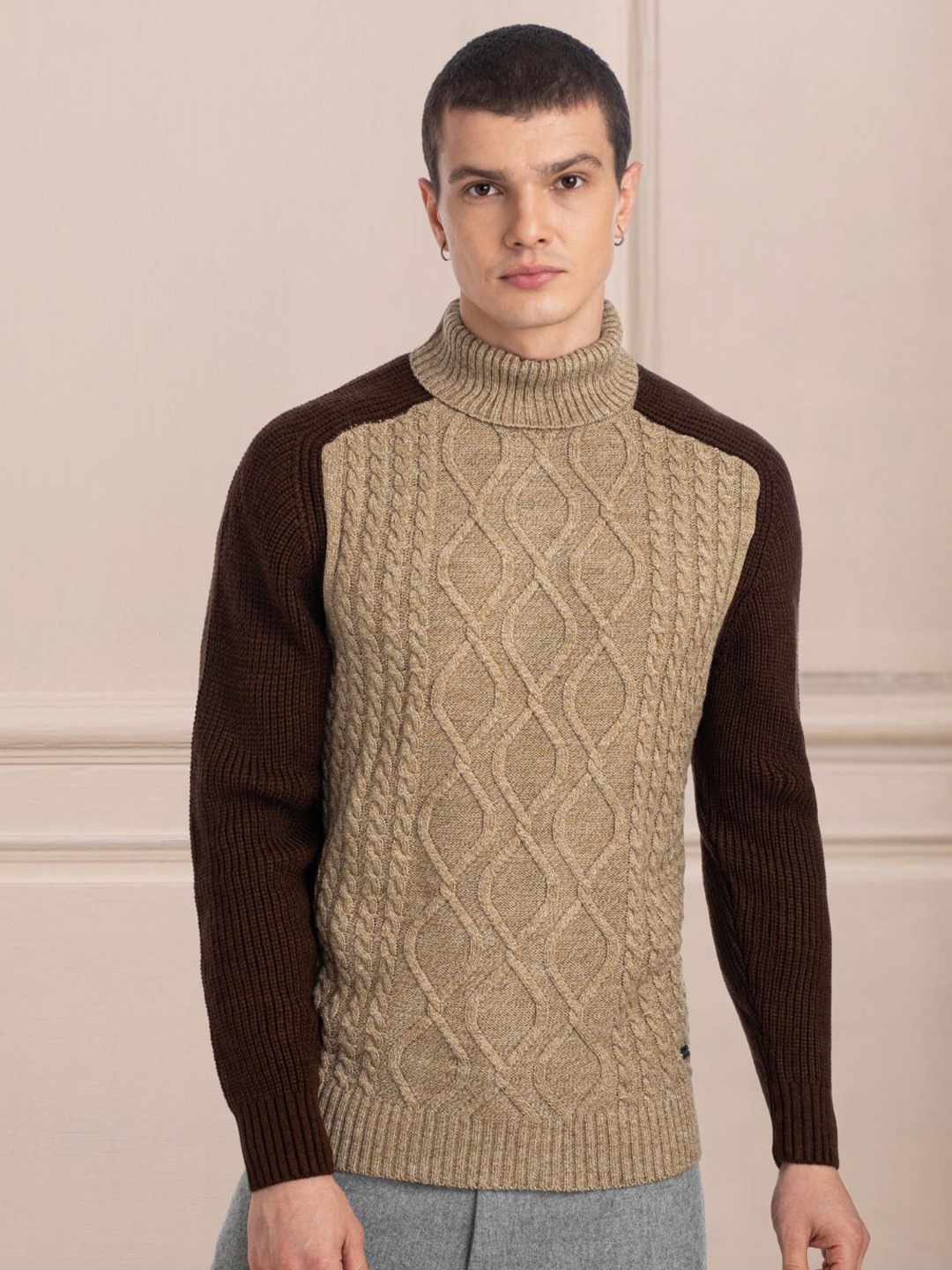 

AXMANN Cable Knit Self Design Ribbed Woollen Pullover Sweater, Brown