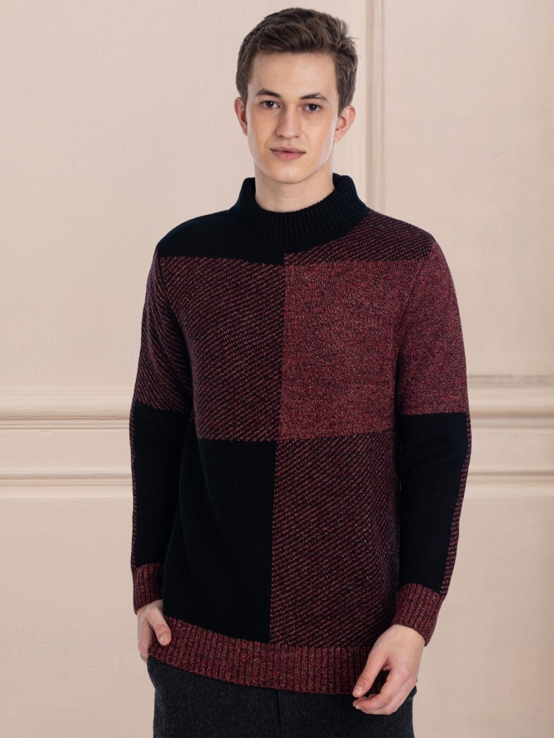 

AXMANN Checked Turtle Neck Long Sleeves Woollen Pullover Sweater, Black