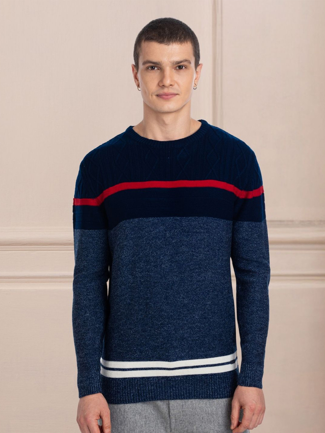 

AXMANN Cable Knit Self Design Ribbed Woollen Pullover Sweater, Blue