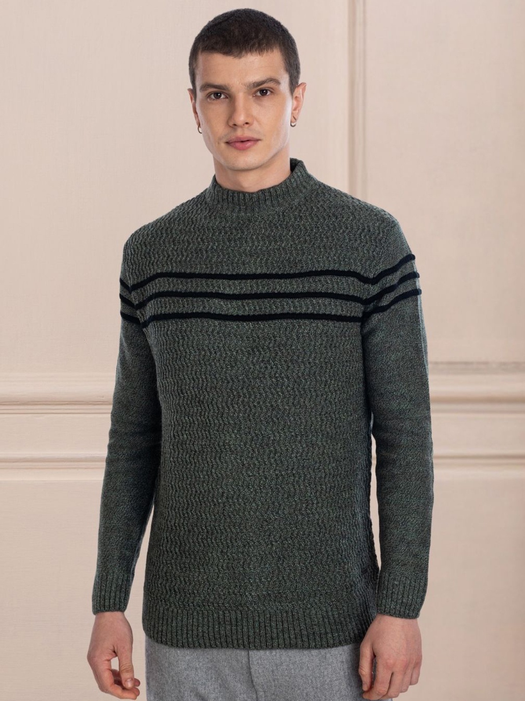 

AXMANN Striped Round Neck Long Sleeves Woollen Pullover Sweater, Olive