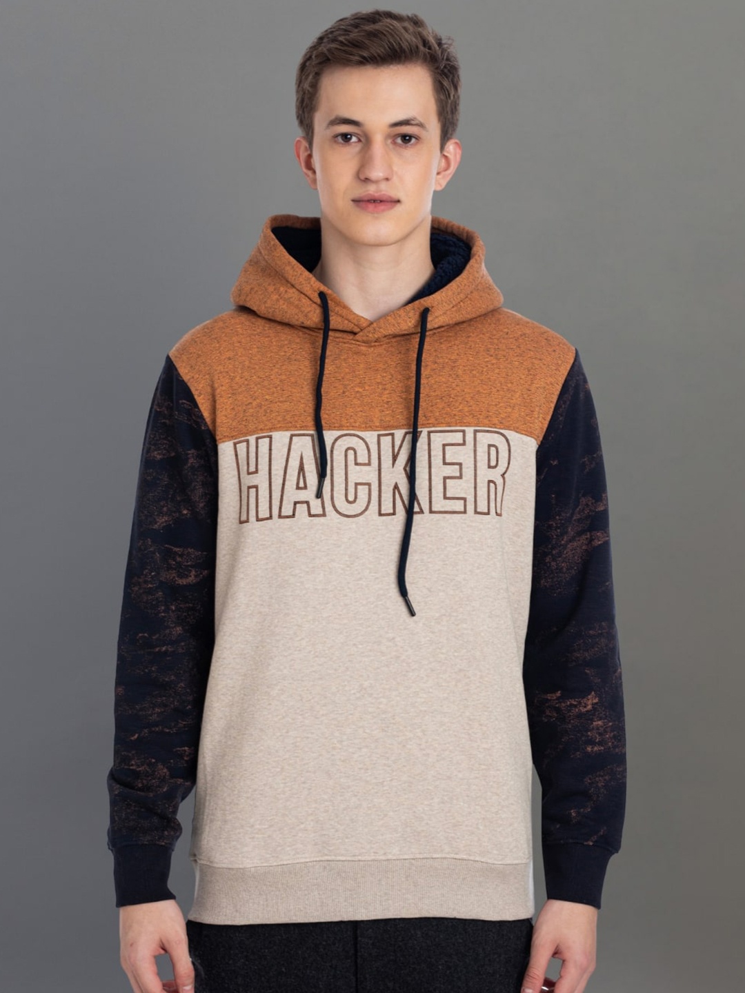 

AXMANN Colourblocked Hooded Fleece Pullover Sweatshirt, Rust