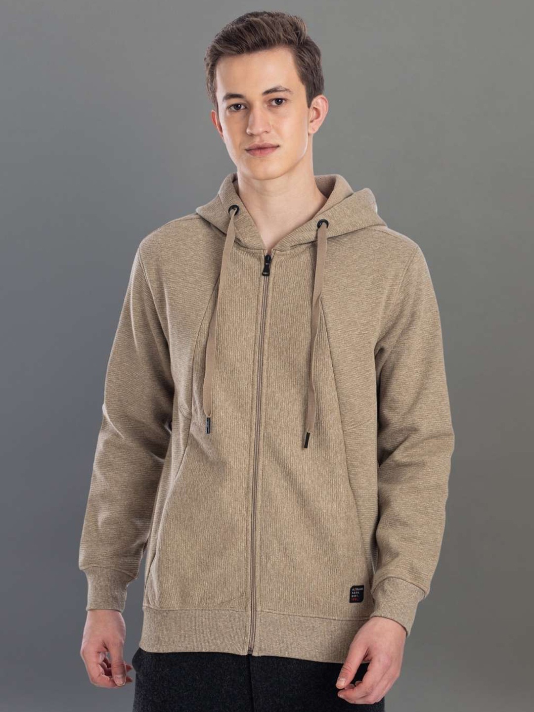 

AXMANN Hooded Long Sleeves Zip Detail Fleece Front Open Sweatshirt, Beige