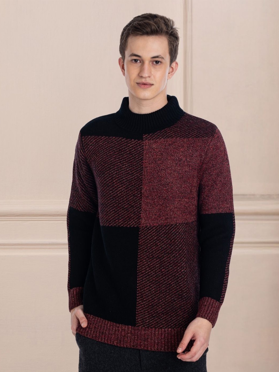 

AXMANN Colourblocked Woollen Longline Ribbed Pullover Sweater, Black