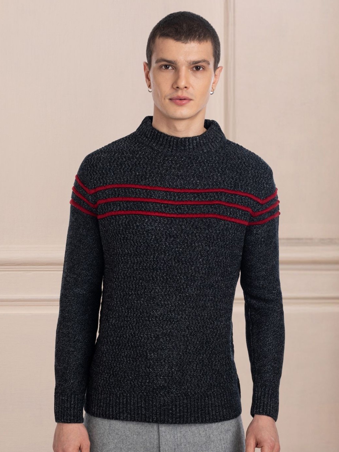 

AXMANN Self Design Cable Knit Woollen Sweater, Black