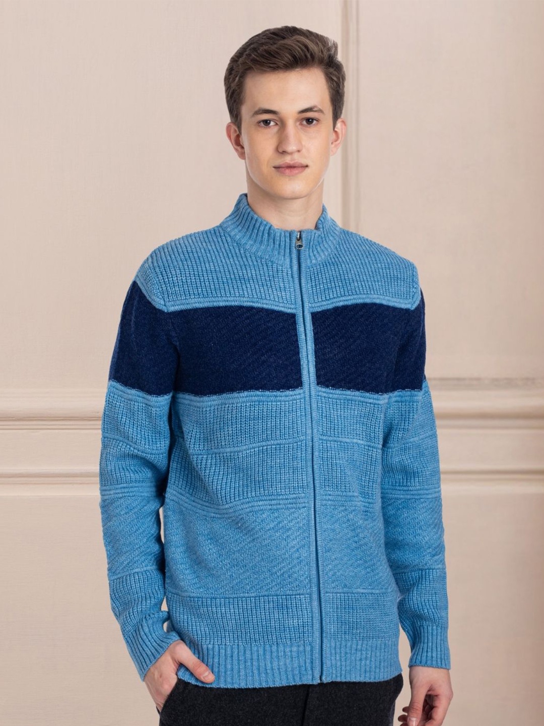 

AXMANN Colourblocked Turtle Neck Long Sleeves Woollen Cardigan Sweater, Blue