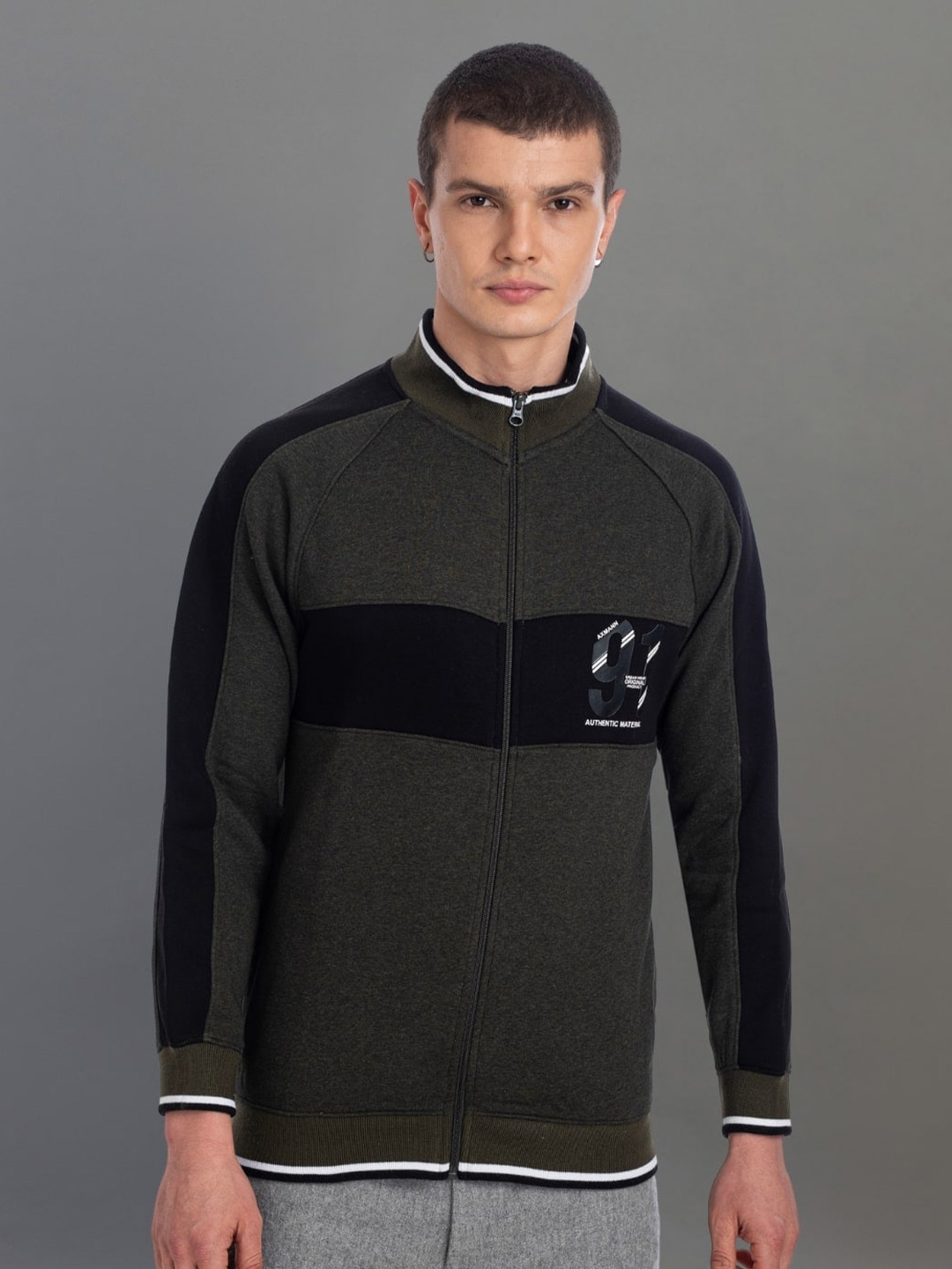 

AXMANN Mock Collar Colourblocked Long Sleeves Sweatshirt, Olive