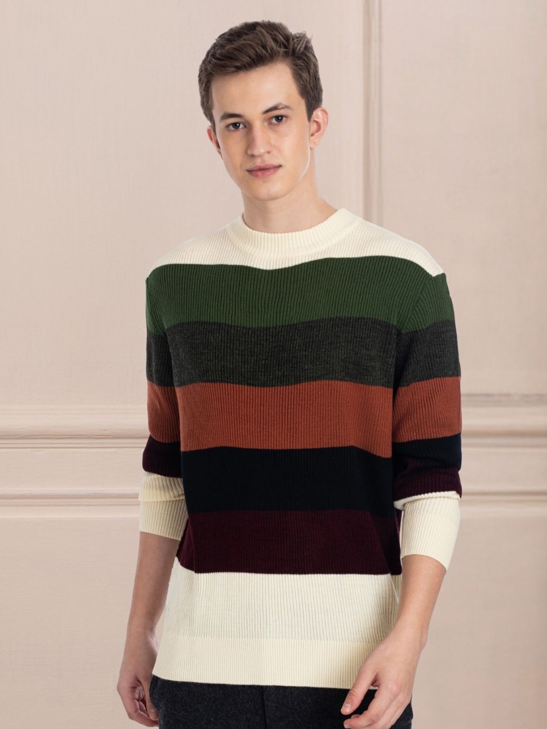 

AXMANN Colourblocked Woollen Ribbed Pullover Sweater, Brown