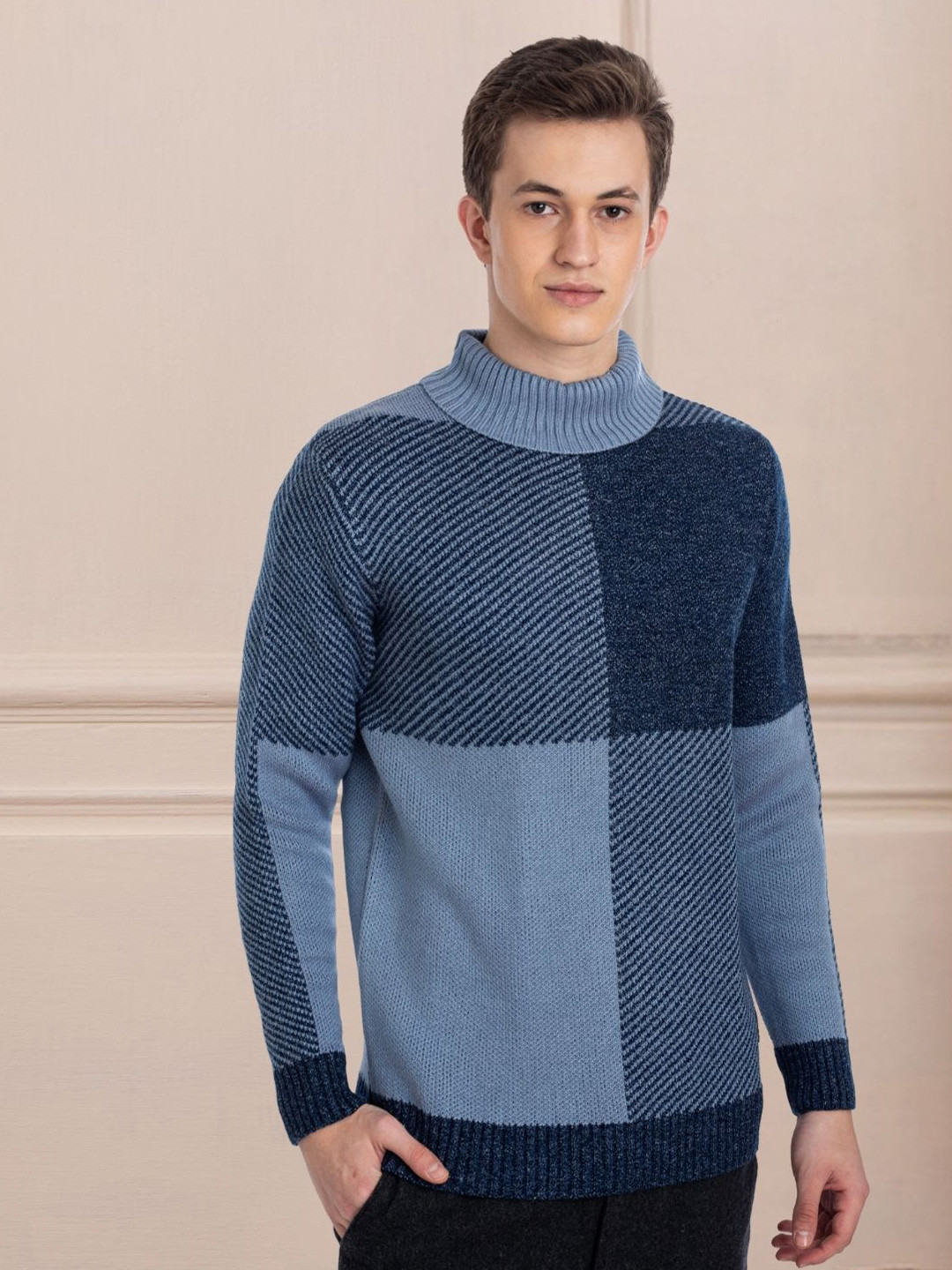 

AXMANN Colourblocked Turtle Neck Long Sleeves Woollen Pullover Sweater, Grey