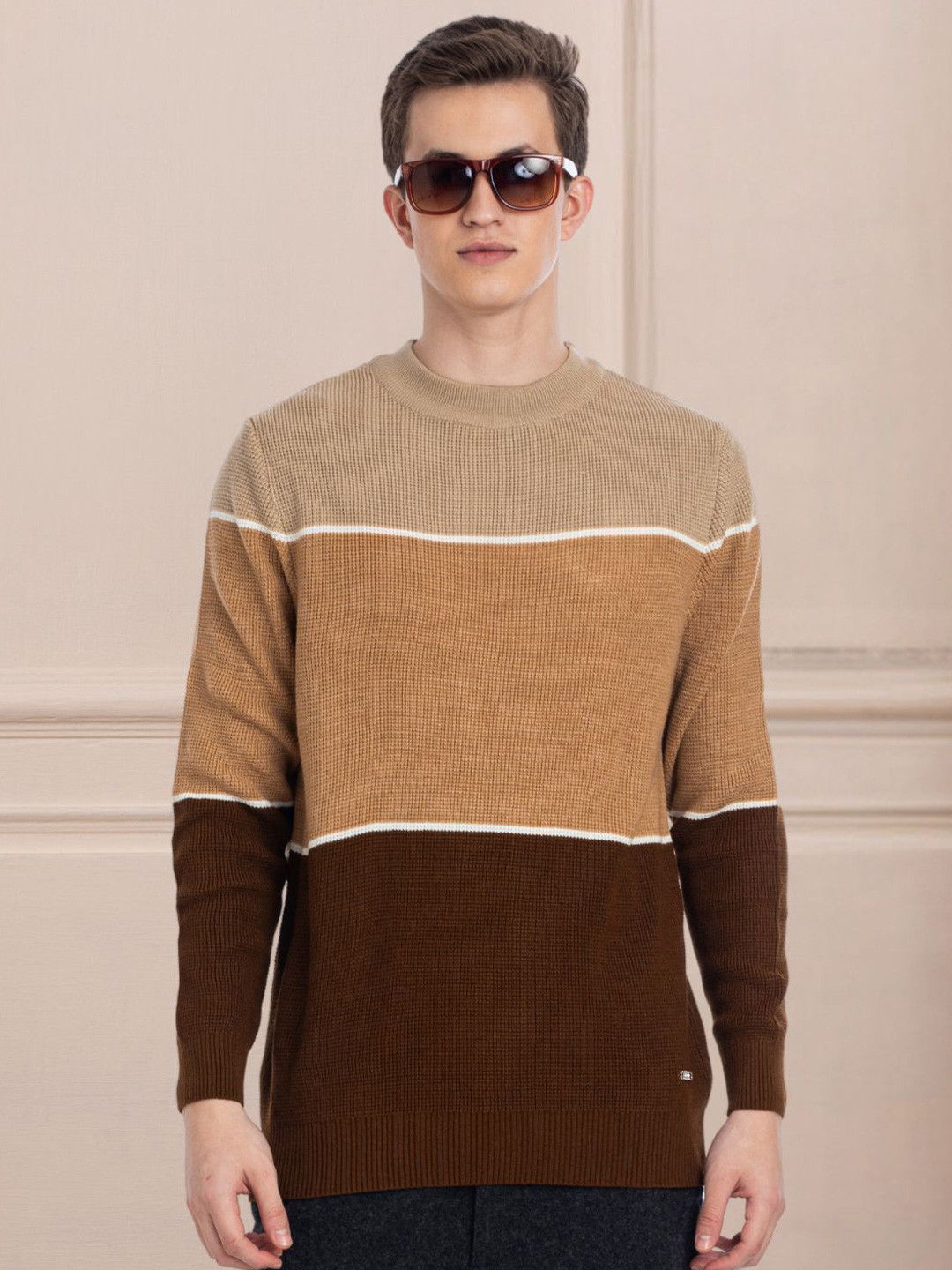 

AXMANN Colourblocked Round Neck Long Sleeves Woollen Pullover Sweater, Beige