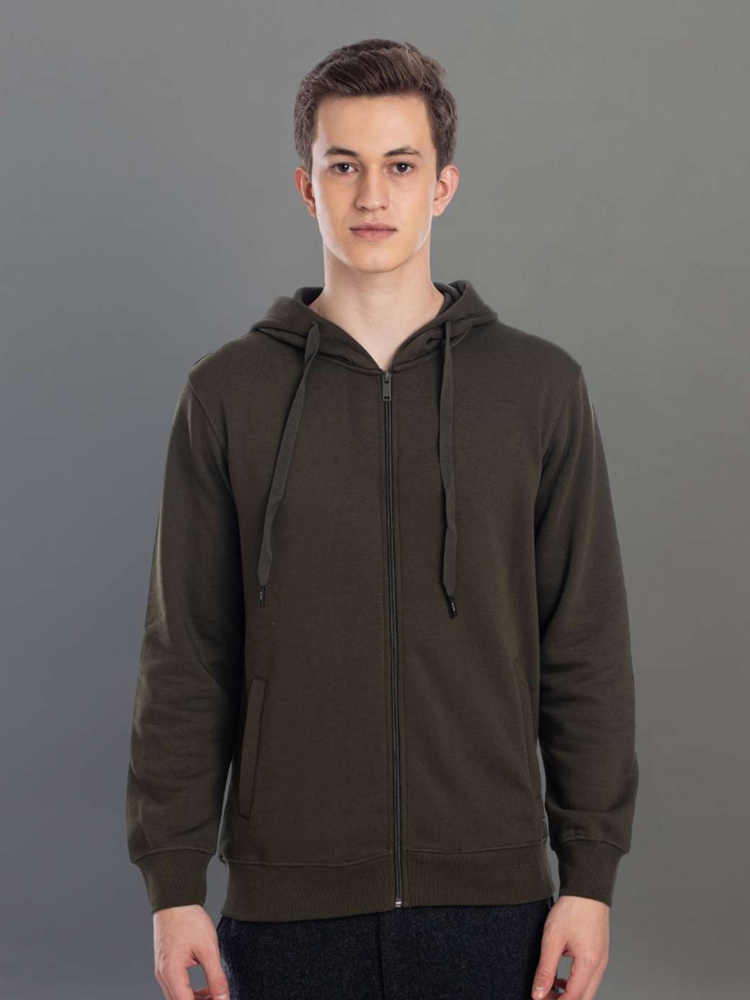 

AXMANN Hooded Long Sleeves Zip Detail Fleece Front Open Sweatshirt, Olive