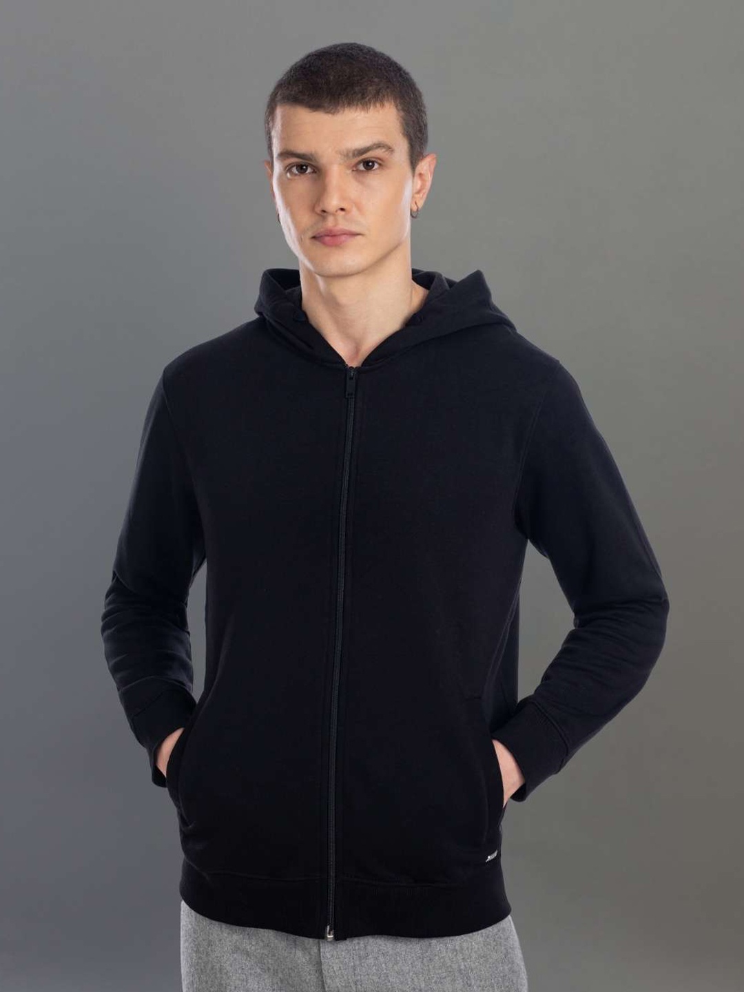 

AXMANN Hooded Long Sleeves Zip Detail Fleece Front-Open Sweatshirt, Black