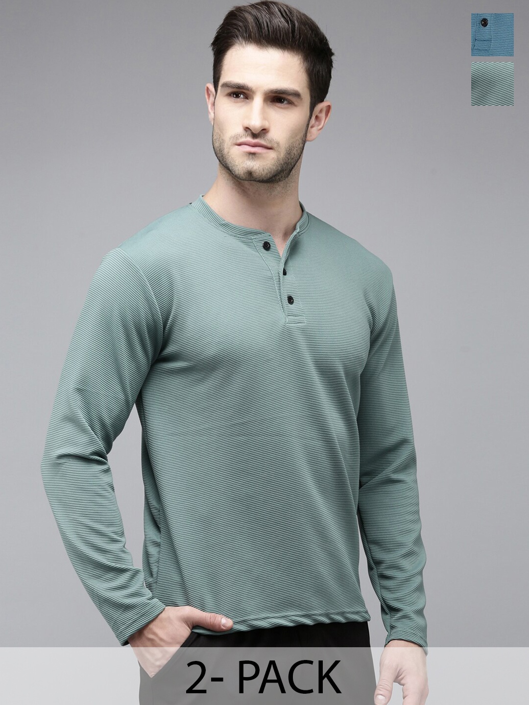 

MADSTO Pack Of 2 Striped Henley Neck Long Sleeves T-shirts, Sea green