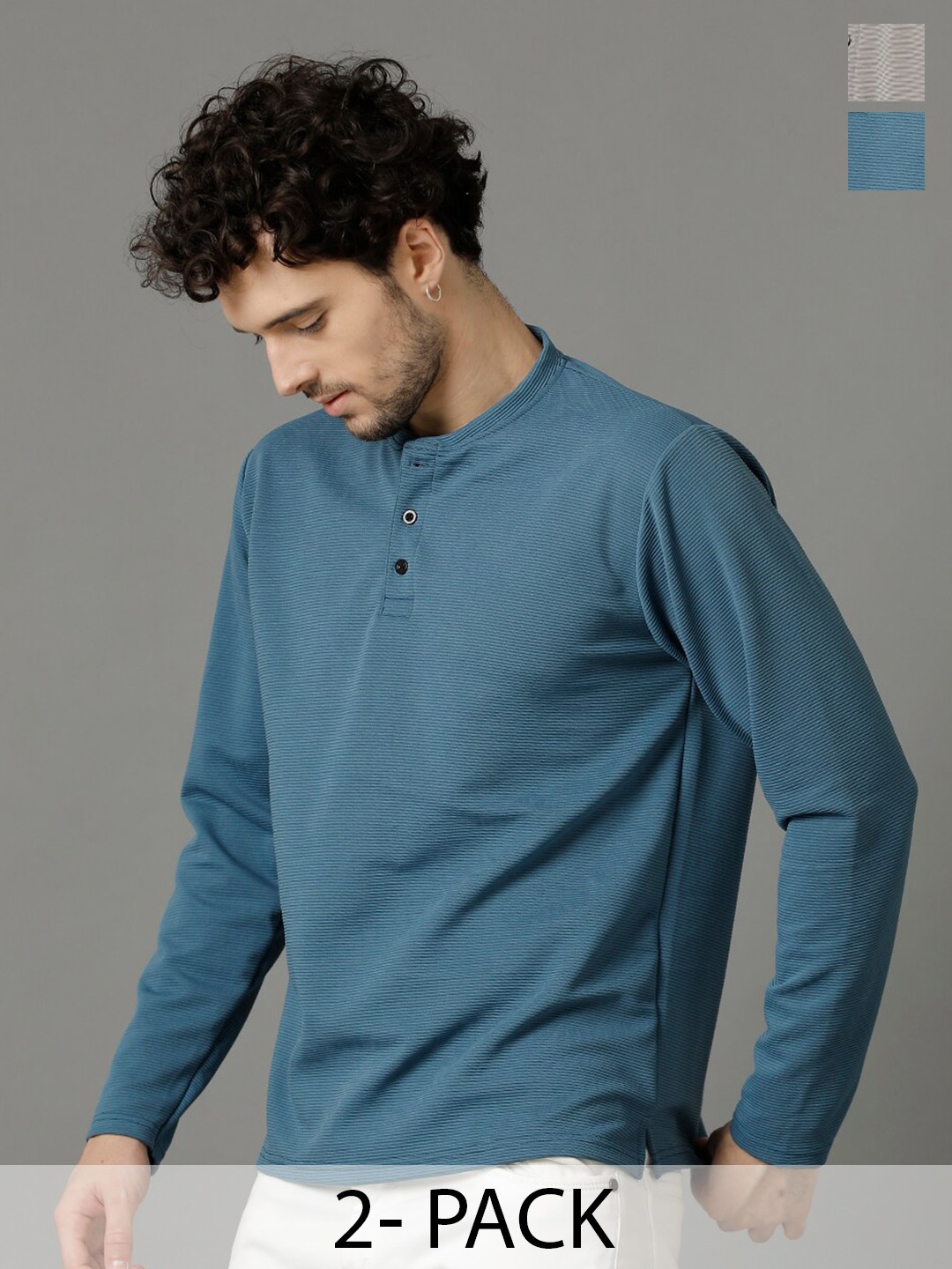 

MADSTO Pack Of 2 Striped Henley Neck Long Sleeves T-shirts, Grey