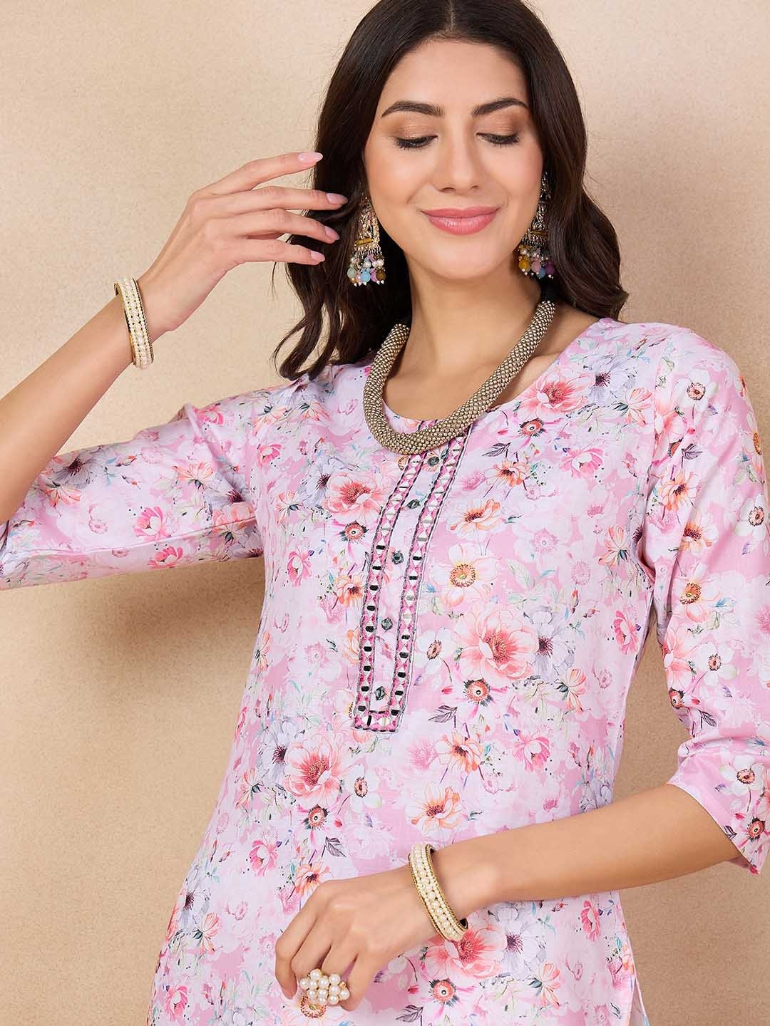

Anouk Pink Floral Printed Thread Work Straight Kurta