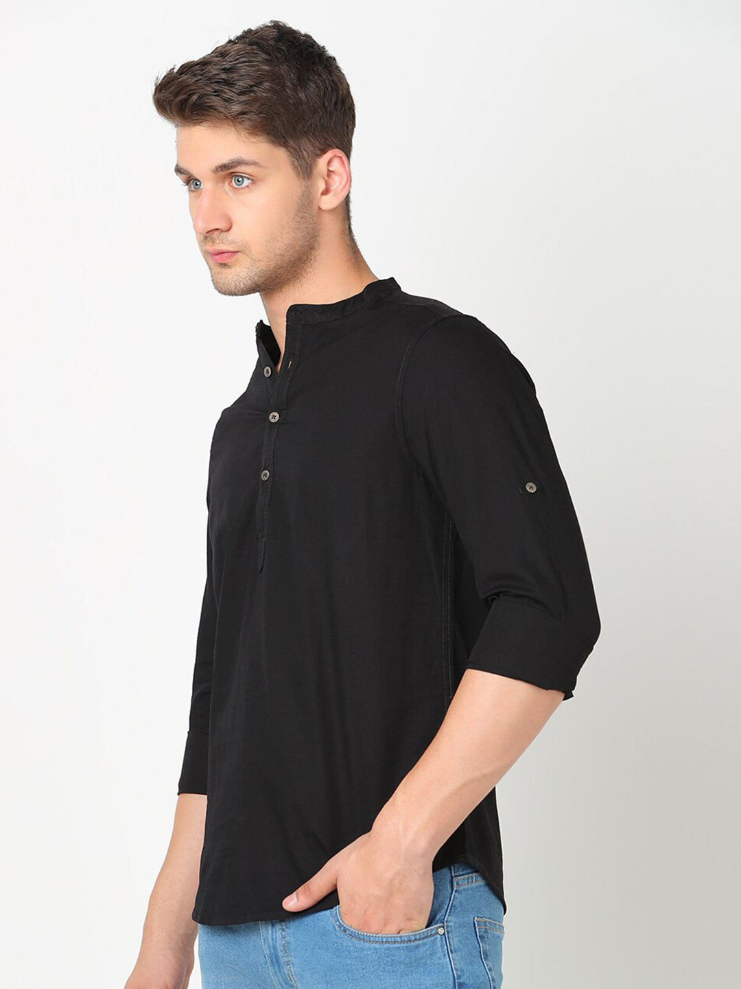 

R&B Mandarin Collar Casual Shirt, Black