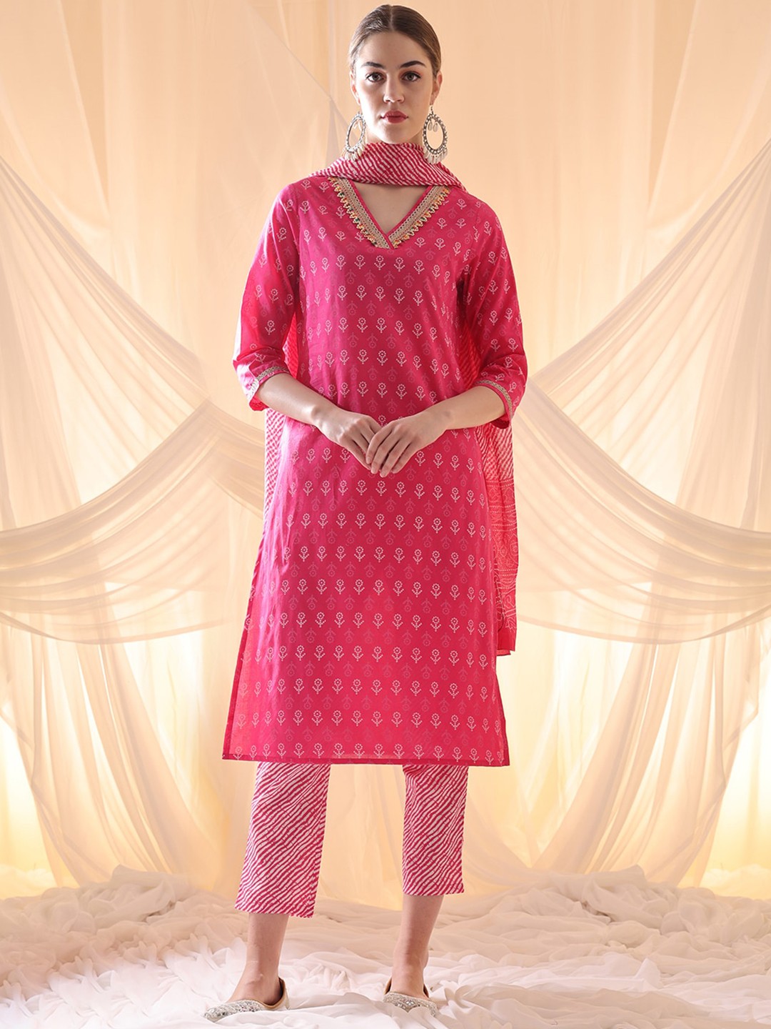 

Anouk Ethnic Motifs Printed Gotta Patti Pure Cotton Straight Kurta with Trousers & Dupatta, Pink