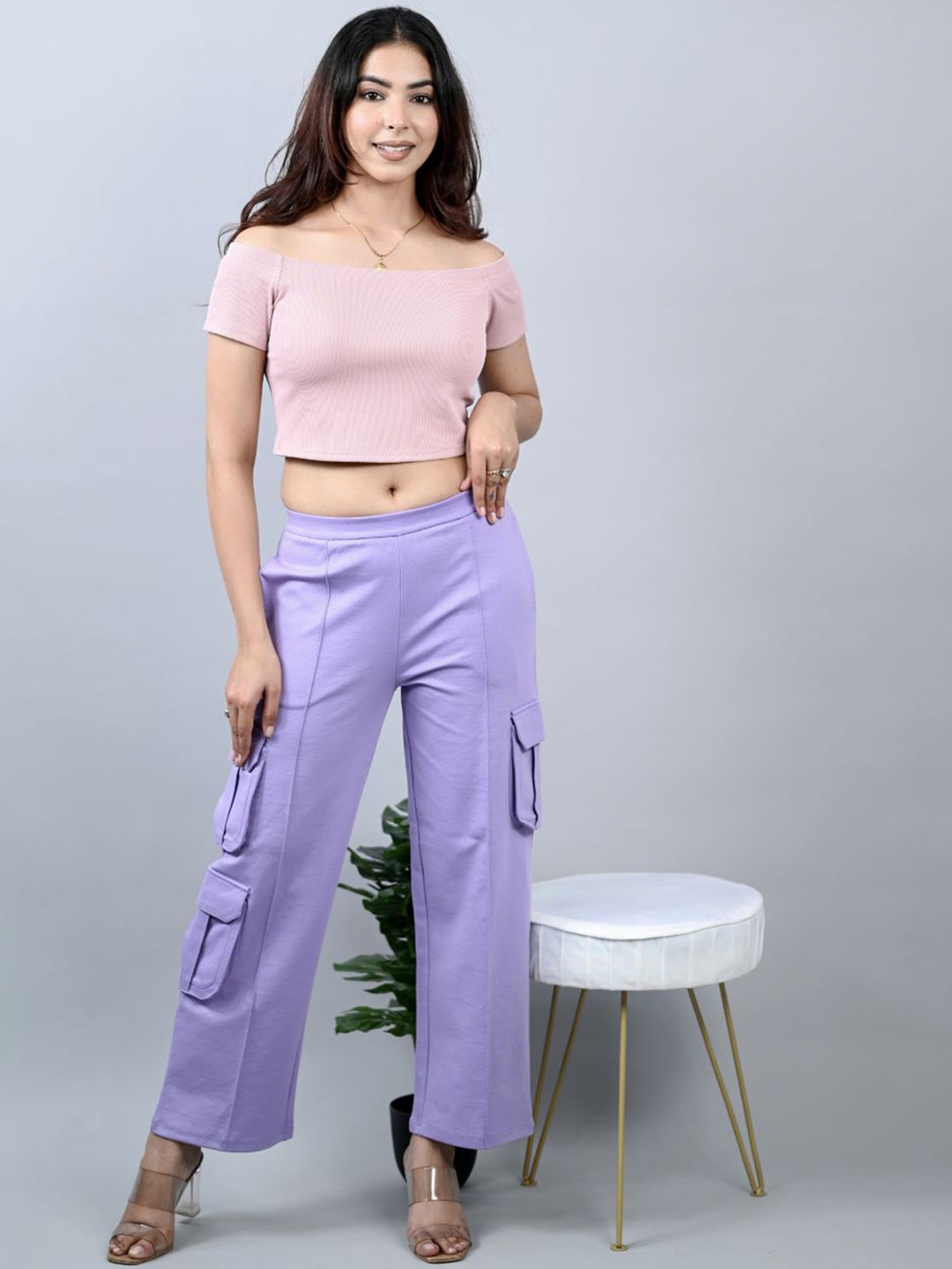 

Mlada Straight Fit Mid Waist Cargo Pants with Pockets, Lavender