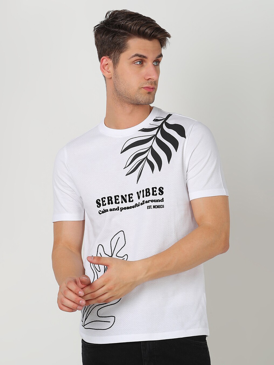 

R&B Typography Printed Round Neck Cotton T-shirt, White