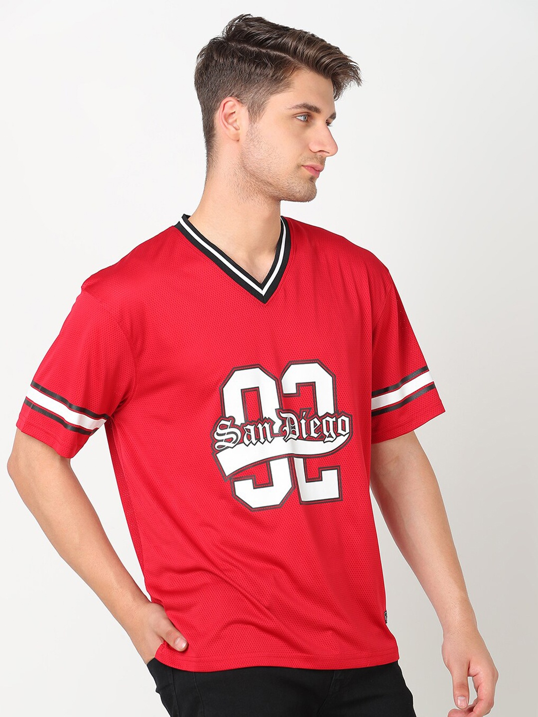 

R&B Varsity Printed Drop-Shoulder Sleeves T-shirt, Red