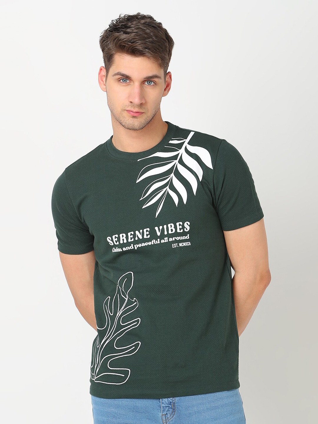 

R&B Typography Printed Round Neck Cotton T-shirt, Green