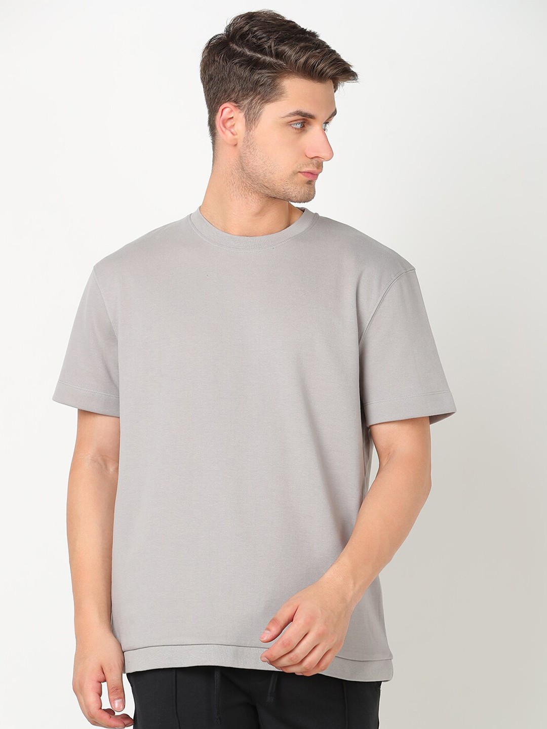 

R&B Round Neck Drop-Shoulder Sleeves Cotton T-shirt, Grey
