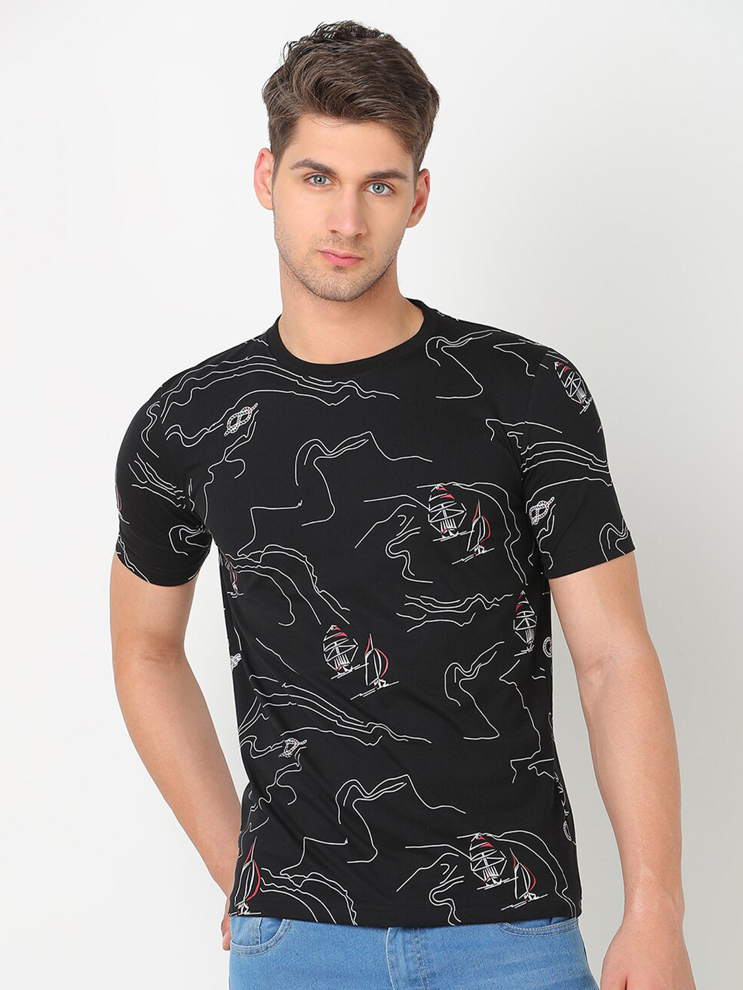 

R&B Abstract Printed Round Neck Cotton T-shirt, Black