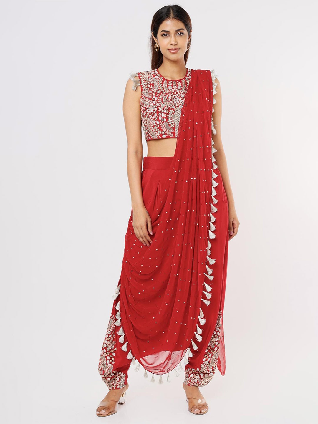 

Payal Singhal Floral Embroidered Pant Saree, Red