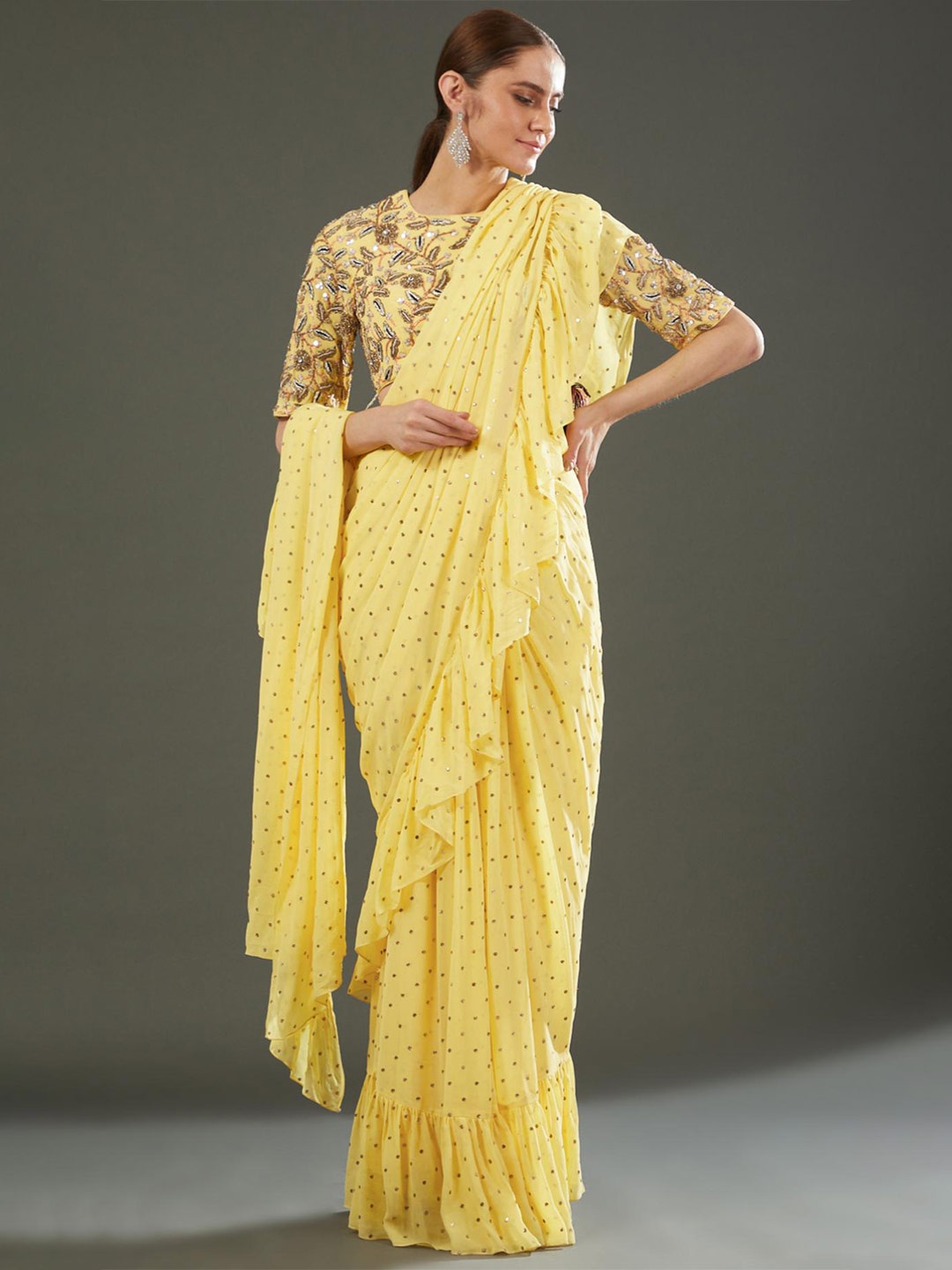 

Payal Singhal Embellished Sequinned Ruffles Saree, Yellow