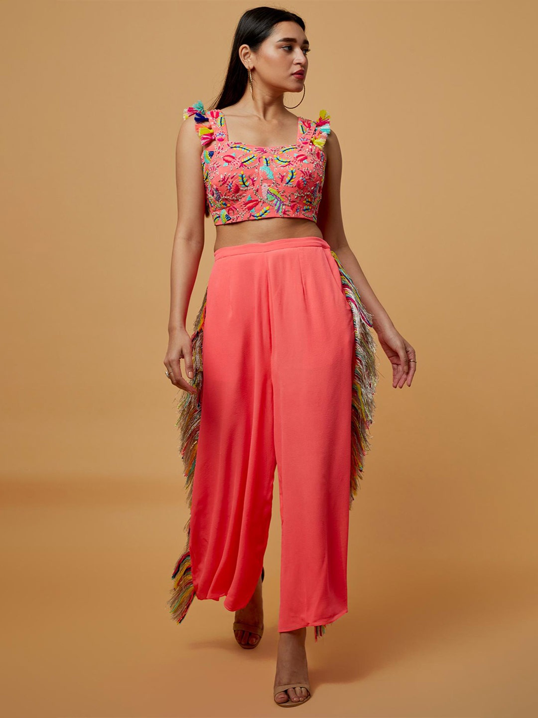 

Payal Singhal Embroidered Top With Palazzo, Coral