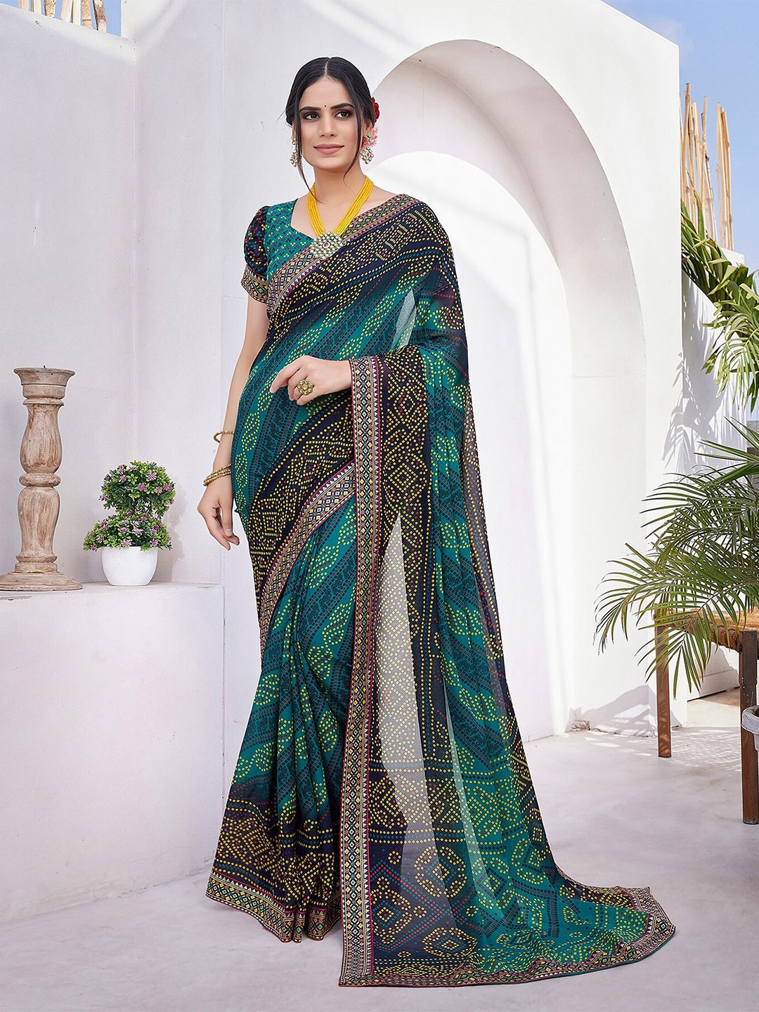 

KALINI Printed Georgette Bandhani Saree, Teal