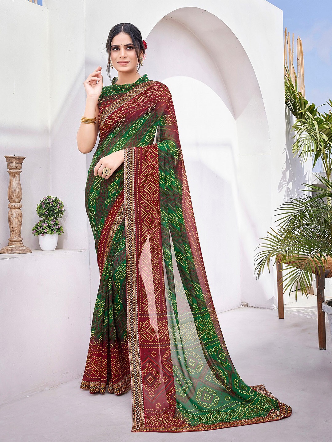 

KALINI Bandhani Printed Zari Poly Georgette Bandhani Saree, Green