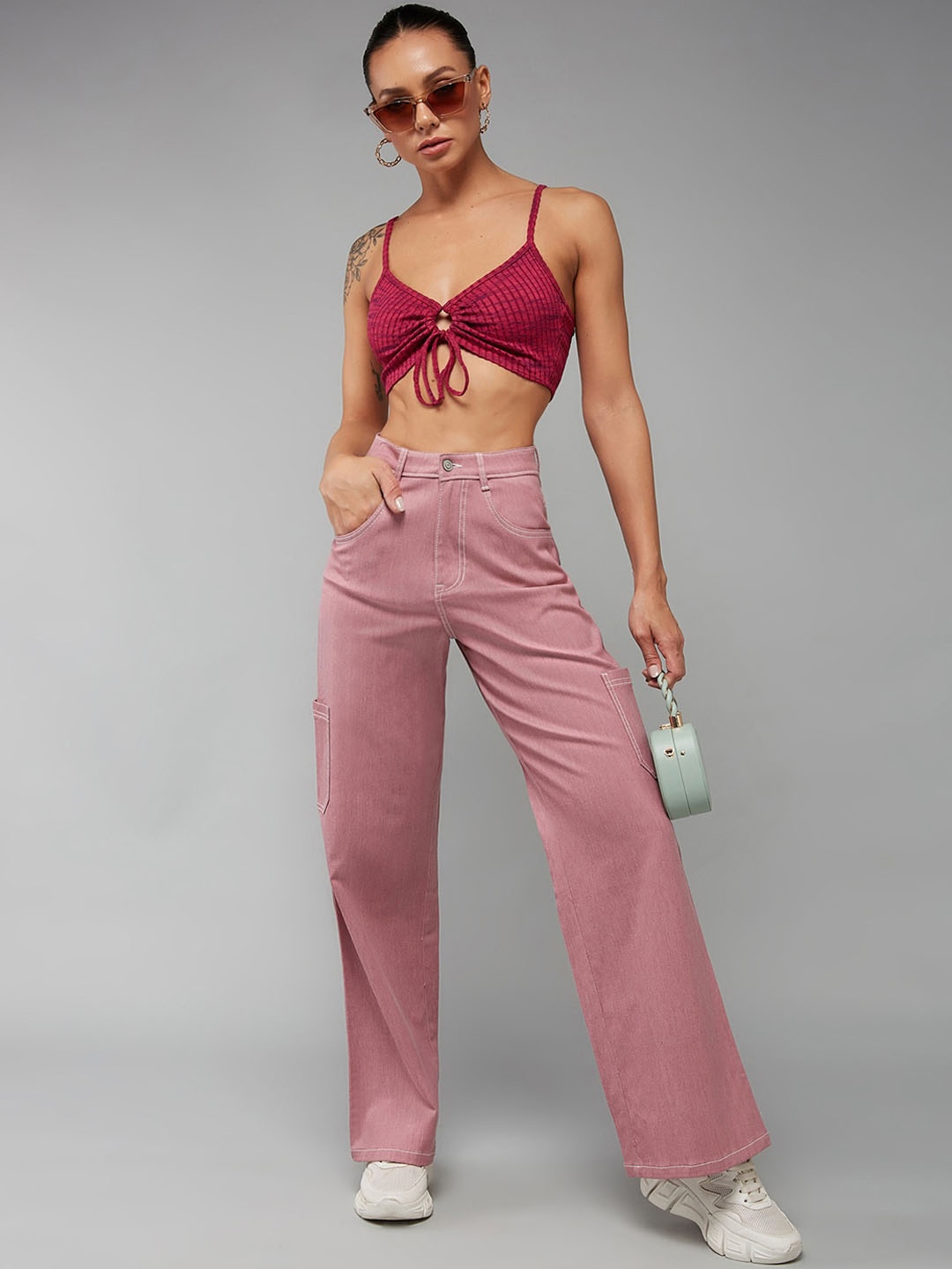 

Miss Chase Women Wide Leg High-Rise Clean Look Stretchable Jeans, Pink