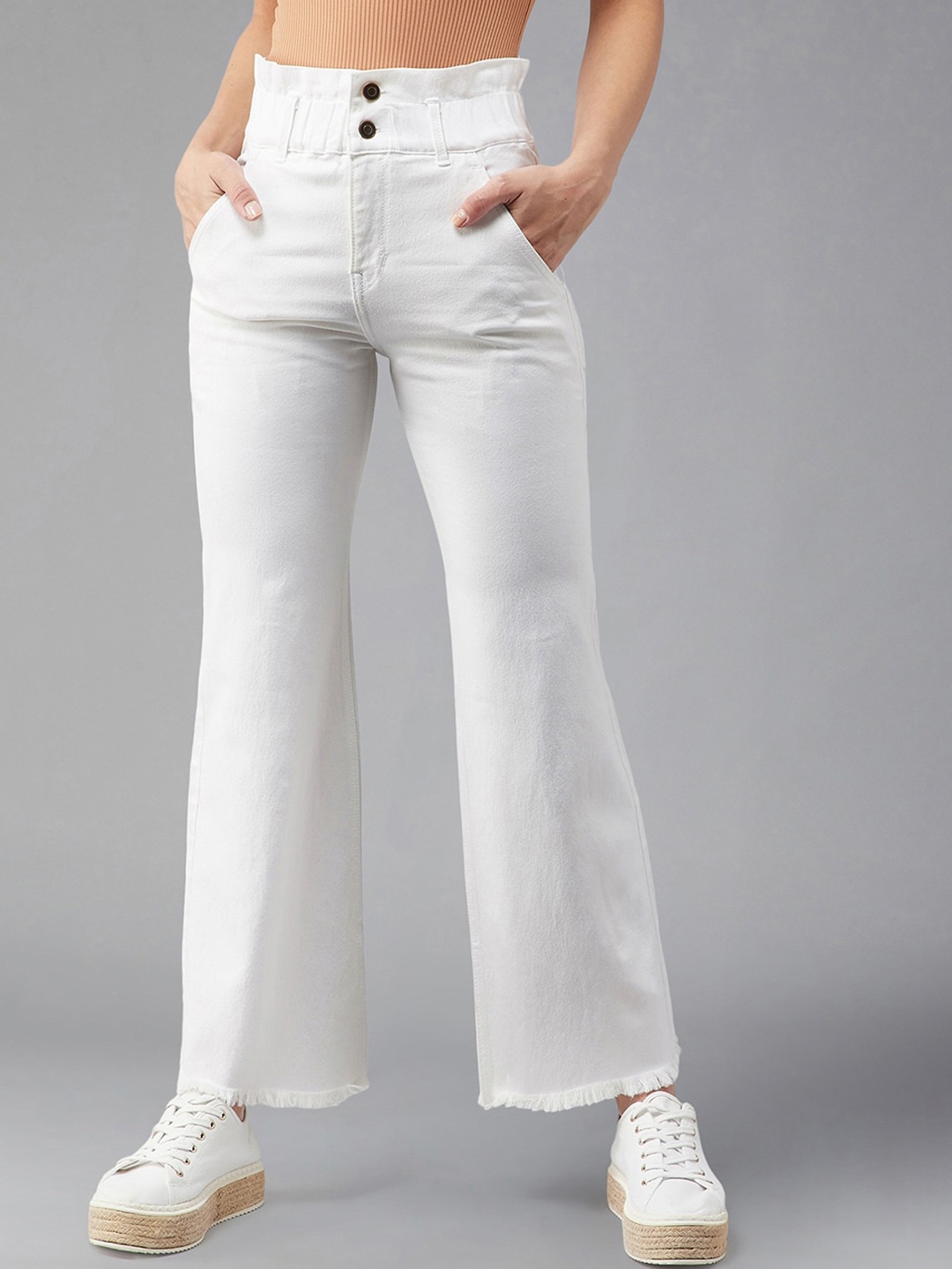 

Miss Chase Women Wide Leg High-Rise Clean Look Frayed Stretchable Jeans, White
