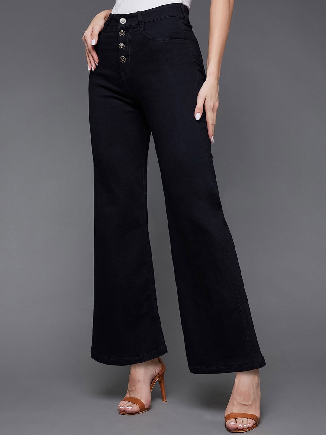 

Miss Chase Women Wide Leg High-Rise Stretchable Jeans, Black