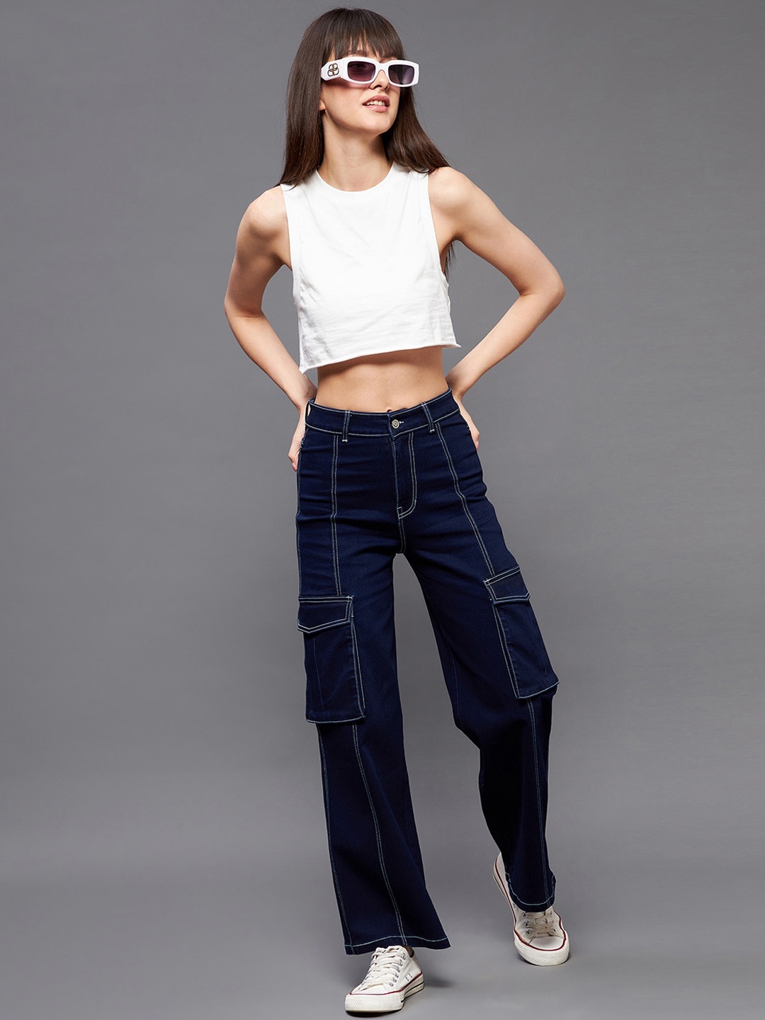 

Miss Chase Women Wide Leg High-Rise Clean Look Stretchable Cargos Jeans, Navy blue