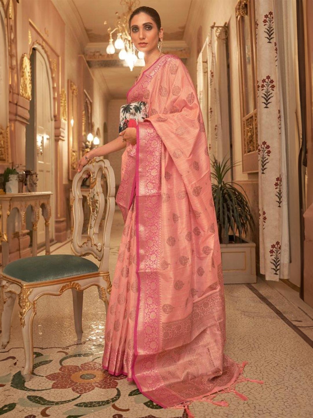 

SGF11 Ethnic Motifs Woven Design Zari Banarasi Saree, Peach