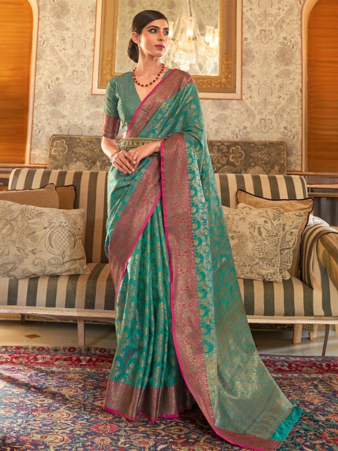 

SGF11 Ethnic Motifs Woven Design Zari Chanderi Saree, Green