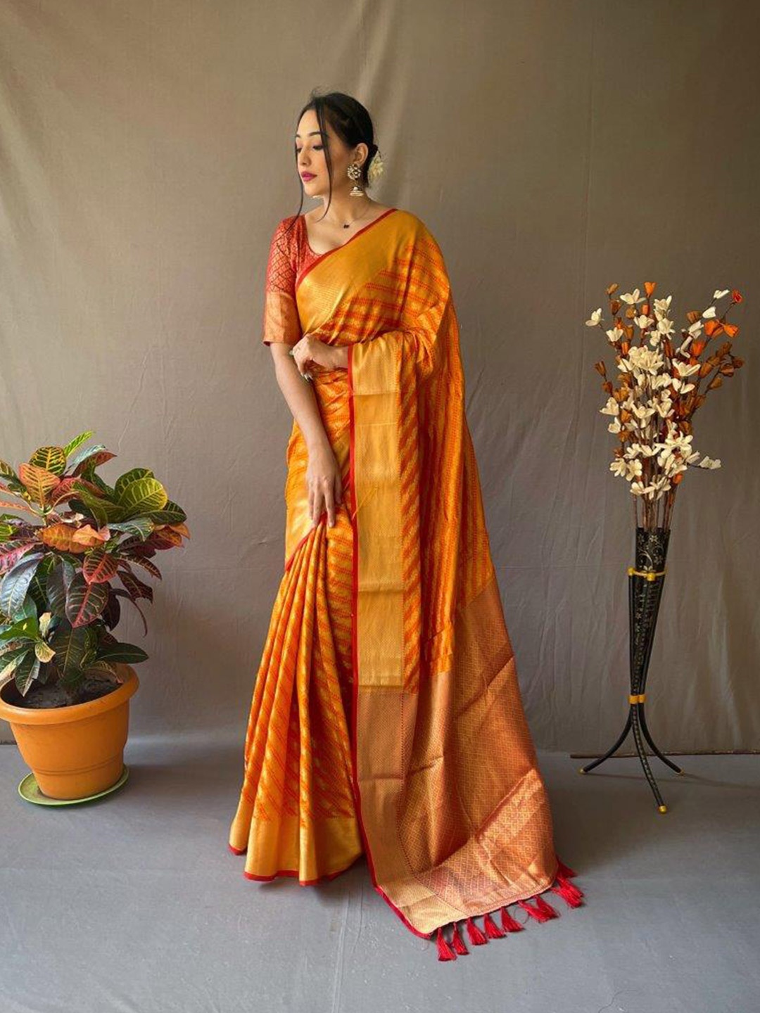 

SGF11 Woven Design Heavy Zari Work Kanjeevaram Patola Silk Saree, Yellow