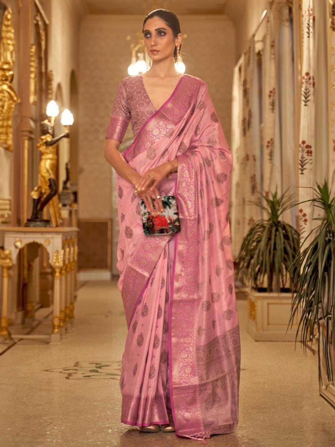

SGF11 Ethnic Motifs Woven Design Zari Banarasi Saree, Pink