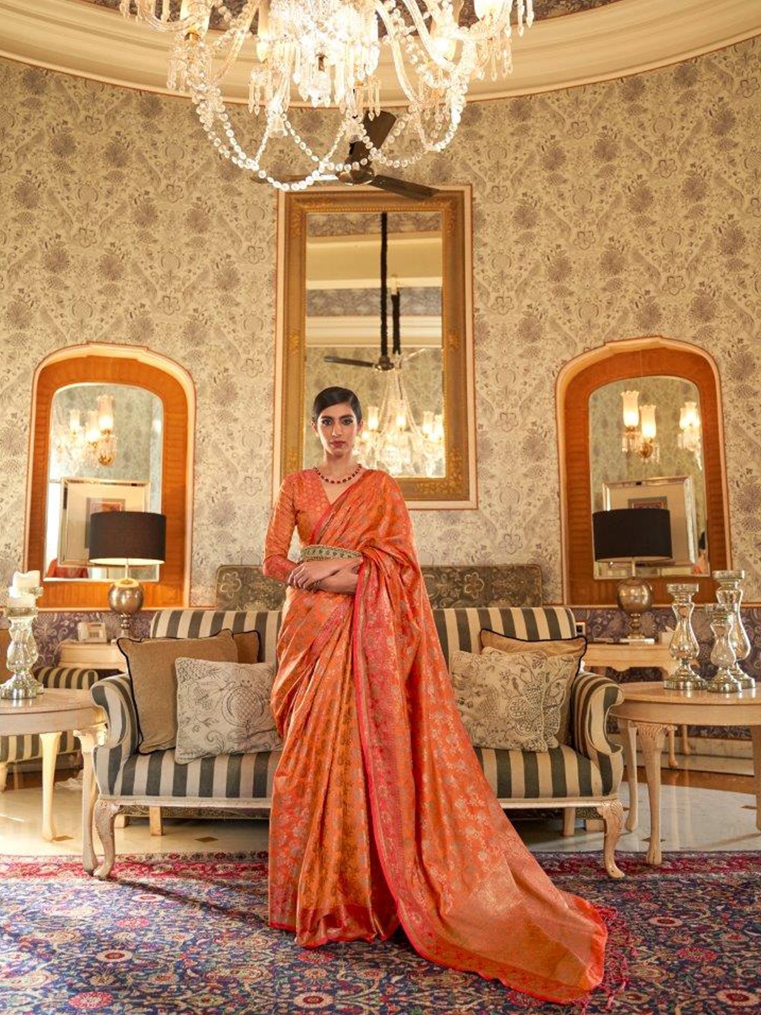 

SGF11 Floral Woven Design Zari Chanderi Saree, Orange