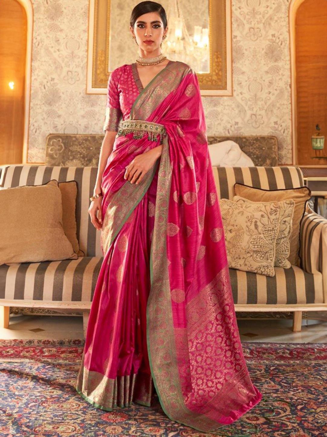 

SGF11 Ethnic Motifs Zari Chanderi Saree, Pink
