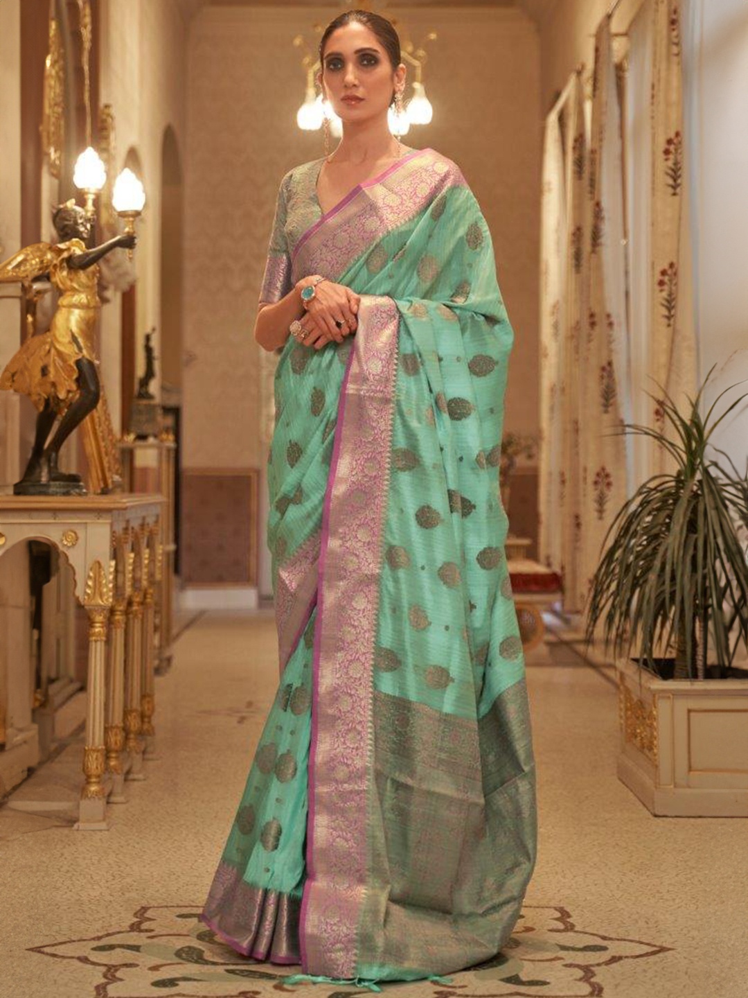 

SGF11 Ethnic Motifs Woven Design Zari Banarasi Saree, Sea green