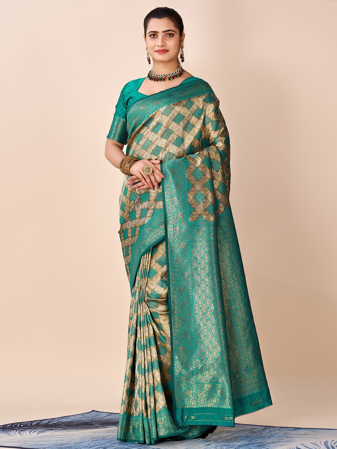 

SANJANA SILK Woven Design Pure Silk Kanjeevaram Zari Saree, Sea green