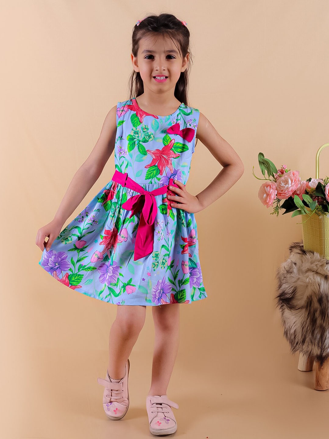 

Superminis Girls Floral Printed Sleeveless Gathered Fit & Flare Dress, Blue