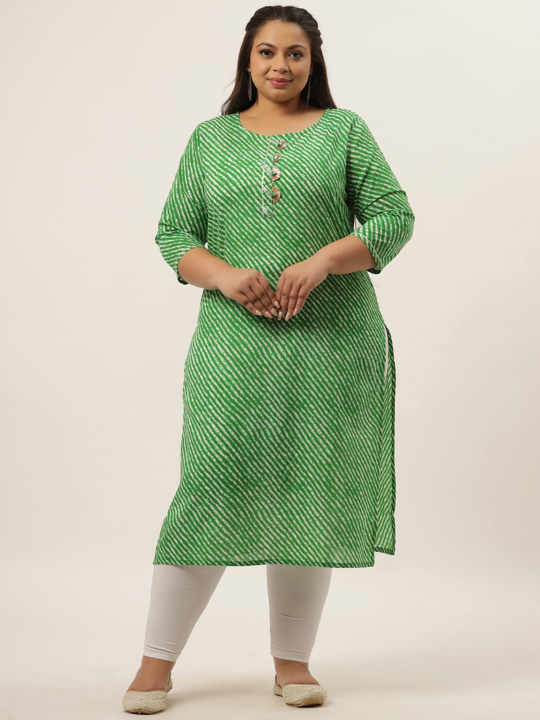 

KALINI Women Plus Size Leheriya Printed Round Neck Pure Cotton Straight Kurta, Green