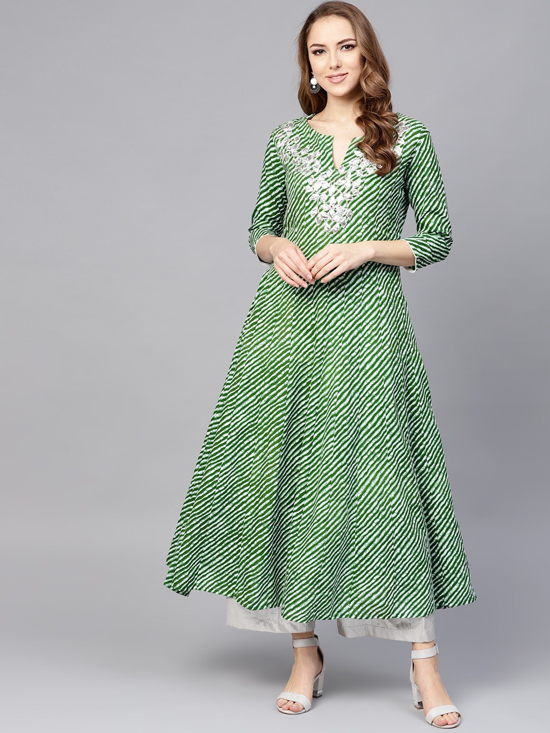 

KALINI Leheriya Printed Round Neck Gotta Patti Anarkali Kurta, Green