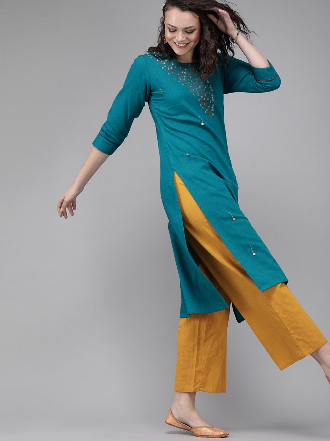 

KALINI Ethnic Motifs Embroidered Pure Cotton Thread Work Kurta, Teal