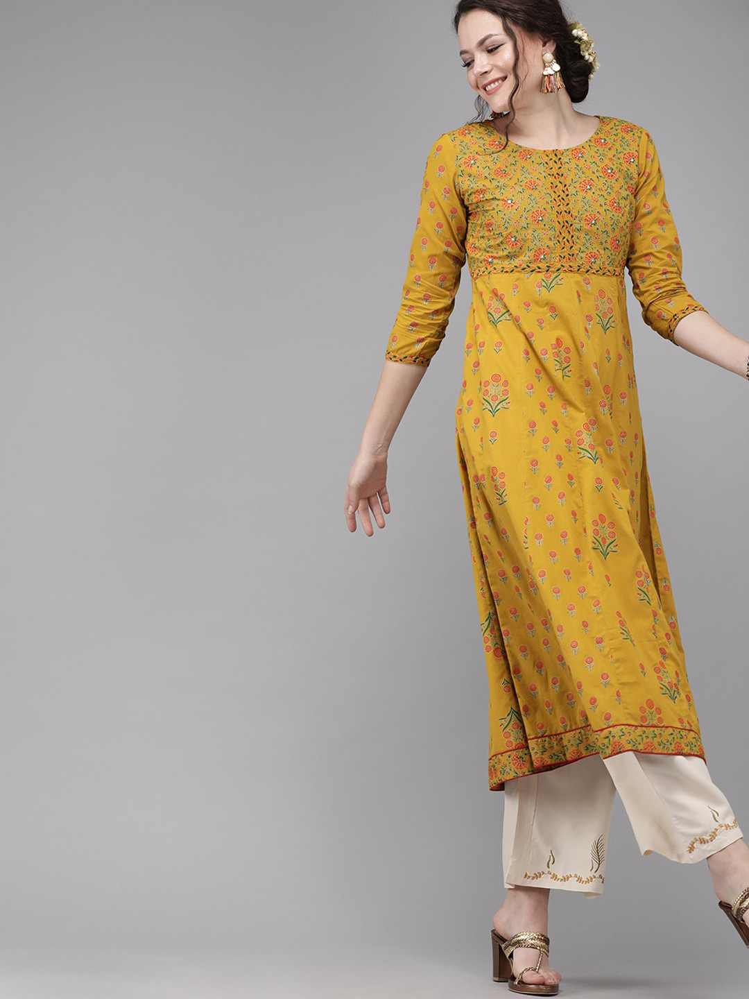 

KALINI Floral Printed Thread Work Kurta, Mustard